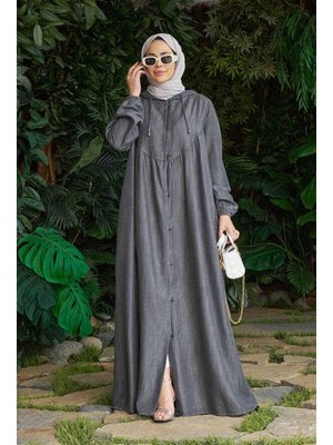 Gri Brit Düğmeli Denim Ferace