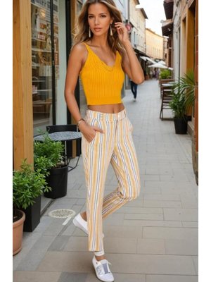 Hardal Dar Kesim Keten Çizgili Cepli Havuç Pantolon Hardal Dar Kesim Keten Çizgili Cepli Havuç Pantolon