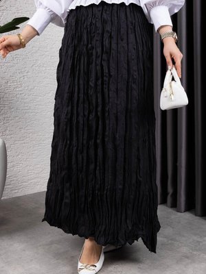 Siyah Kırışık Kumaş Uzun Etek