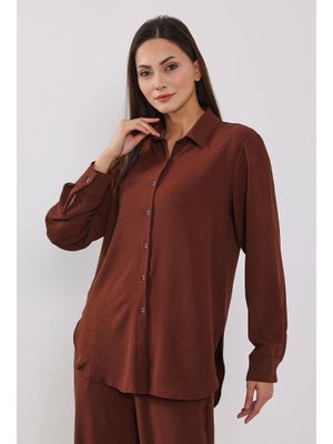 Kahverengi Salaş Ve Şık Rahat Kesim Uzun Kollu Aerobin Gömlek,gm