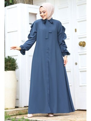 Mavi Kolu Fırfırlı Yakası Bağlama Detaylı Ferace Mavi Kolu Fırfırlı Yakası Bağlama Detaylı Ferace