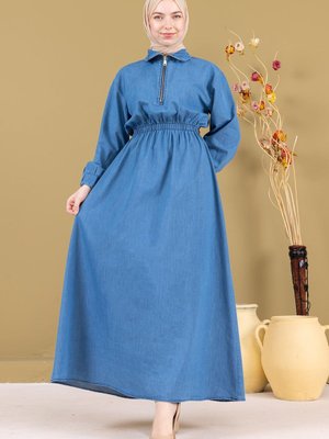 Açık Mavi Fermuarlı Beli Lastikli Kot Elbise
