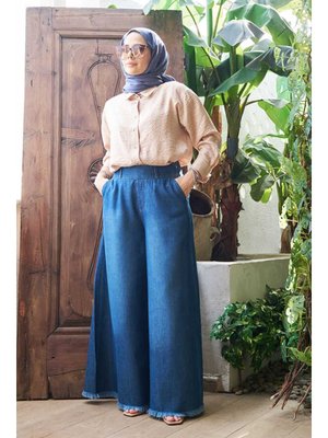 Koyu Mavi Denim Püsküllü Pantolon Etek Koyu Mavi Denim Püsküllü Pantolon Etek