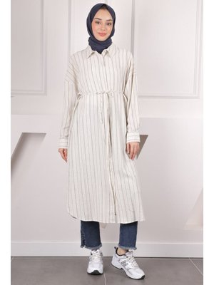 Bej Bel İpli Çizgili Keten Tunik Bej Bel İpli Çizgili Keten Tunik