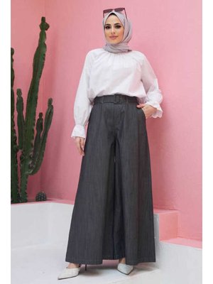 Koyu Gri Denim Bol Paça Pantolon Etek Koyu Gri Denim Bol Paça Pantolon Etek
