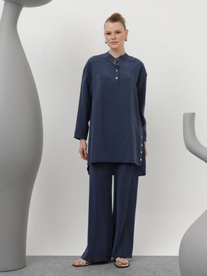 Lacivert Cupro Kumaş Çıtçıt Detaylı İkili Takım