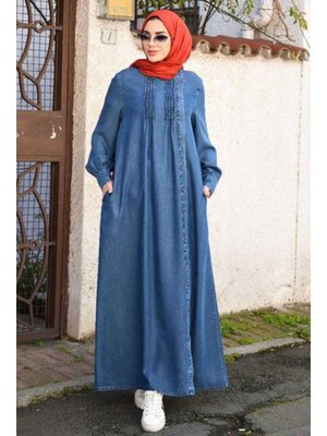 Koyu Mavi Denim Yandan Düğmeli Ferace Koyu Mavi Denim Yandan Düğmeli Ferace