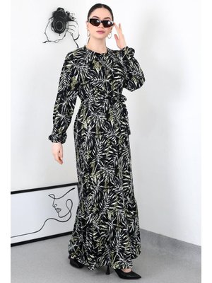 Haki Yaprak Desen Kuşaklı Elbise