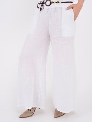Beyaz İtalyan Beli Korsajlı Tokalı Kemerli Bol Paçalı Keten Pantolon Beyaz İtalyan Beli Korsajlı Tokalı Kemerli Bol Paçalı Keten Pantolon