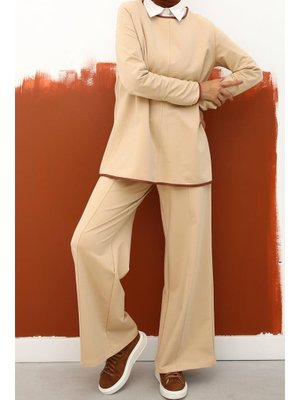 Deri Biyeli Pantolonlu Örme Takım