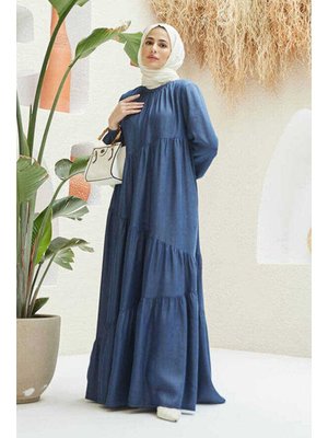 Koyu Mavi Denim Büzgülü Tensel Elbise