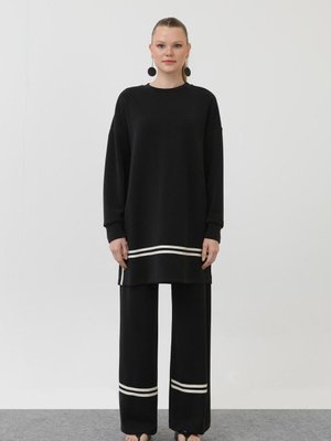 Siyah Modal Kumaş Arma Ve Çizgi Detaylı İkili Takım