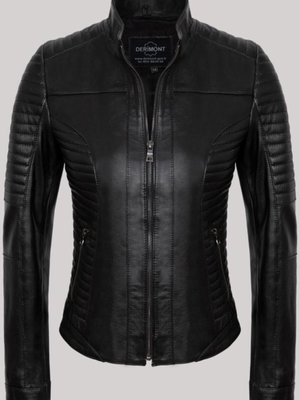 Siyah Hakiki Kuzu Derisi Kolları Fermuarlı Yandan Cepli Düz Çizgi Desenli Deri Mont