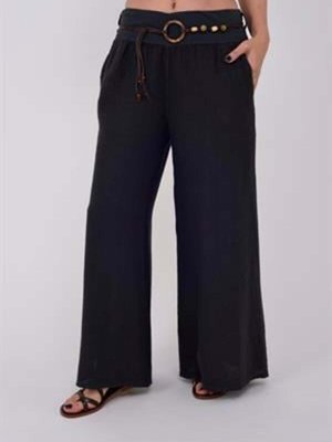 Antrasit İtalyan Korsajlı Tokalı Kemerli Bol Paçalı Keten Pantolon