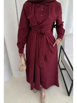 Bordo Bağlamalı Poplin Elbise