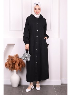 Siyah Kapüşonlu Cepli Kot Kap Siyah Kapüşonlu Cepli Kot Kap