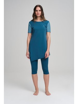 Haşema Çizgili Yarım Kol Yeşil Havuz Mayo