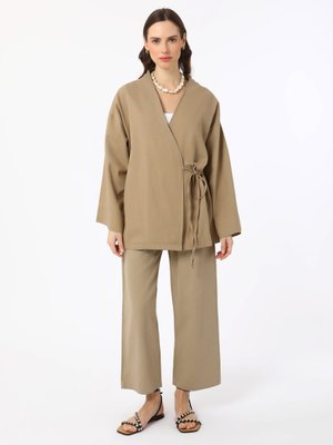 Bej Pamuk Beli Lastikli Pantolon