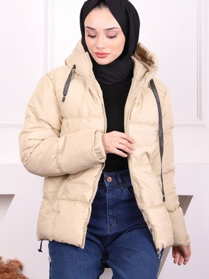 Bej Kapüşonlu Cepli Şişme Mont Bej Kapüşonlu Cepli Şişme Mont