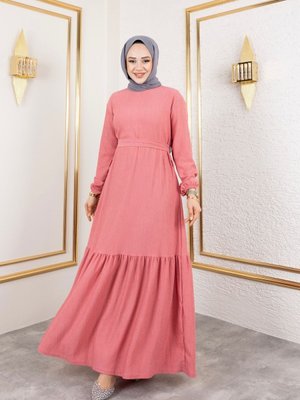 Gül Belden Kuşaklı Ve Bisiklet Yaka Bürümcük Kumaş Elbise Gül Belden Kuşaklı Ve Bisiklet Yaka Bürümcük Kumaş Elbise