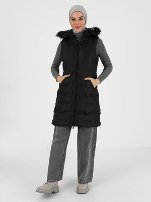 Siyah Çıkabilir Kapüşonlu Desenli Şişme Yelek Siyah Çıkabilir Kapüşonlu Desenli Şişme Yelek