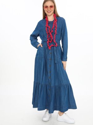 Mavi Uzun Kol Cepli Önden Düğmeli Kemerli Kot Elbise