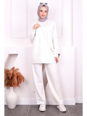 Ekru Taş Detaylı Tunik Pantolonlu Oys Takım