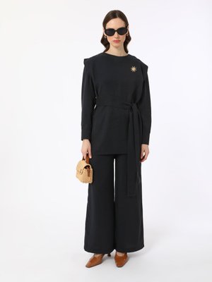 Siyah Exclusive Modal Kumaş Bağlama Detaylı İkili Takım