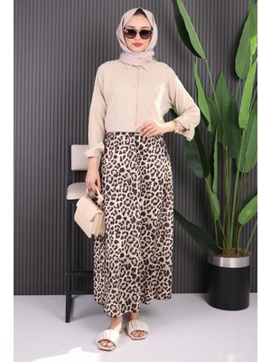 Bej Leopar Desenli Saten Etek
