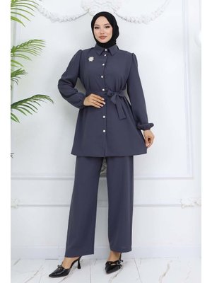 Antrasit İnci Broşlu Kuşaklı İkili Takım