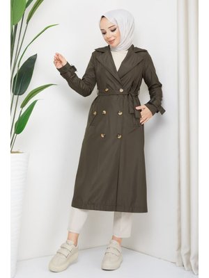 Kruvaze Yaka Kuşaklı Astarlı Haki Trençkot