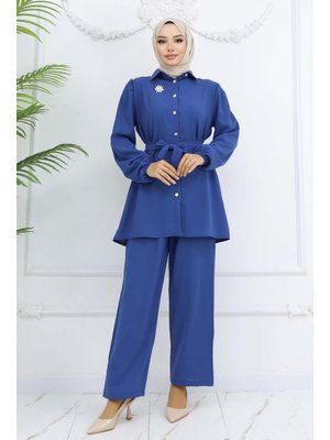 İndigo İnci Broşlu Kuşaklı İkili Takım