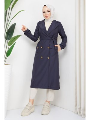 Kruvaze Yaka Kuşaklı Astarlı Lacivert Trençkot