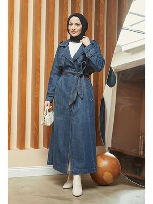 Koyu Mavi Allerli Denim Trençkot Koyu Mavi Allerli Denim Trençkot