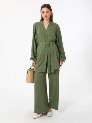 Haki Kuşak Detaylı Kimono & Pantolon İkili Takım
