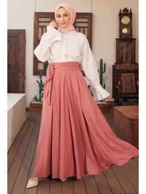 Pembe Ancelina Pileli Kuşaklı Mevlana Etek Pembe Ancelina Pileli Kuşaklı Mevlana Etek