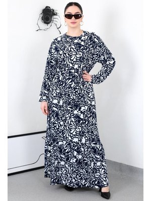 Lacivert Çiçek Kuşaklı Battal Elbise