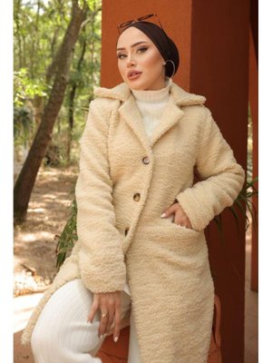 Krem Kruvaze Yaka Peluş Mont Krem Kruvaze Yaka Peluş Mont