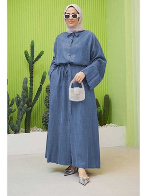 Koyu Mavi Denim Düğmeli Süs Kuşaklı Abaya Koyu Mavi Denim Düğmeli Süs Kuşaklı Abaya