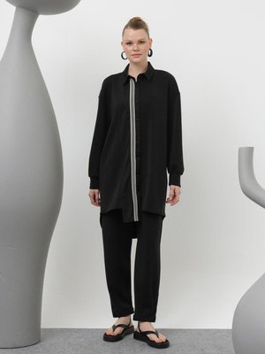 Siyah Modal Kumaş Paraşüt Garnili İkili Takım