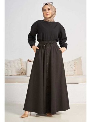 Haki Denim Mevlana Düğmeli Etek