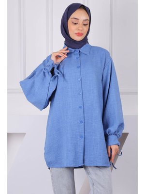 İndigo Kol Bağlamalı Keten Tunik