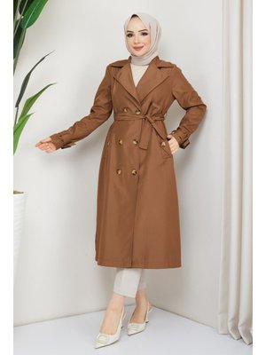 Kruvaze Yaka Kuşaklı Astarlı Taba Trençkot