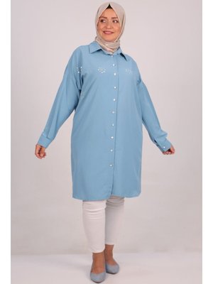 Bebe Mavisi Büyük Beden Taş Baskılı Star Airobin Gömlek