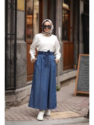 Koyu Mavi Denim Lastikli Pantolon Etek Koyu Mavi Denim Lastikli Pantolon Etek
