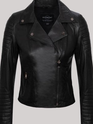 Siyah Hakiki Kuzu Derisi Koldan Düz Çizgi Desenli Yandan Cepli Deri Mont