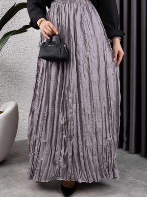 Gümüş Kırışık Kumaş Uzun Etek