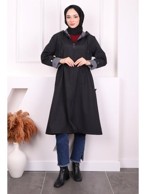 Siyah Cepli Kapüşonlu Trençkot
