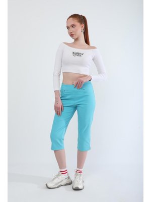 Turkuaz Likralı Esnek Jean Kapri