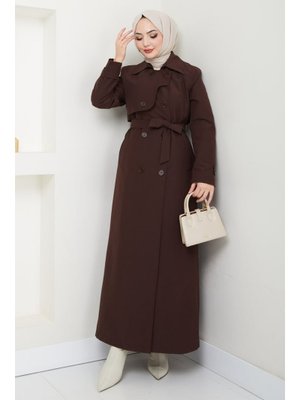 Kapak Detay Uzun Astarlı Acı Kahve Trençkot